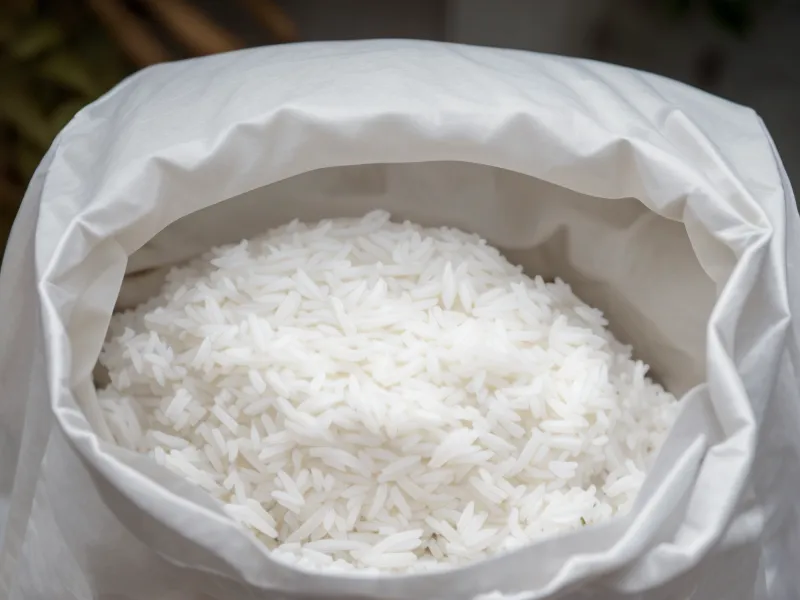 Gros plan d'un sac de riz de 20kg ouvert montrant les grains