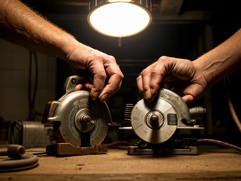 Gros plan sur des mains inspectant une vieille scie circulaire d'occasion dans un atelier.