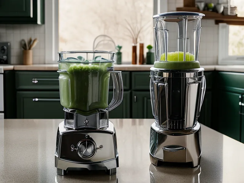 Un blender vintage sur un plan de travail de cuisine avec une éclaboussure de boisson verte.