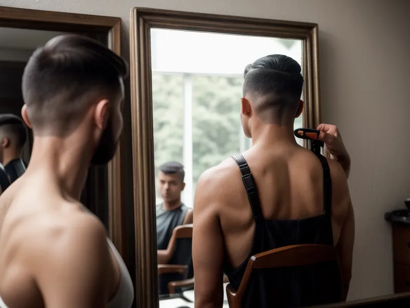 Utilisation d'un miroir à main pour vérifier la coupe de cheveux à l'arrière du crâne.