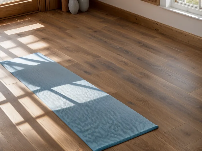 Un tapis de sport bleu déroulé dans un salon simple pour s'entraîner.