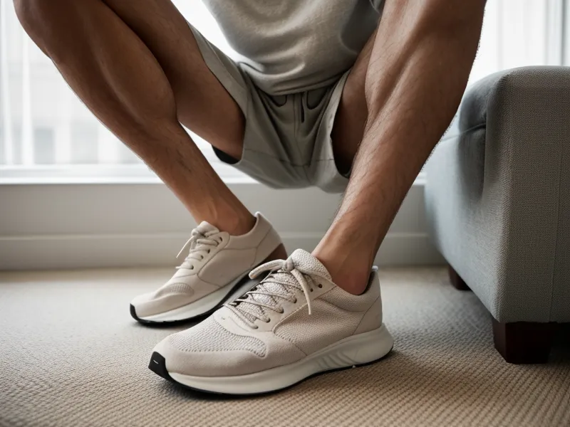Un homme lace ses chaussures de sport dans son salon.