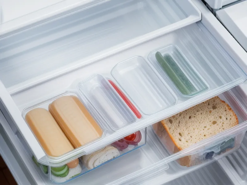 Tiroir de congélateur organisé avec du pain tranché et un thermomètre à -18°C.
