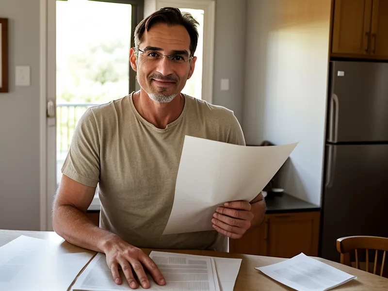 Un homme tenant une chemise cartonnée contenant des factures et des contrats d'assurance.