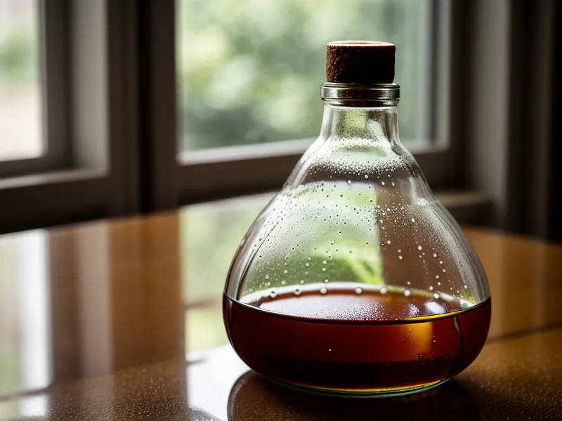 Gros plan sur le remplissage d'une bouteille de vinaigre blanc ménager avec un entonnoir.