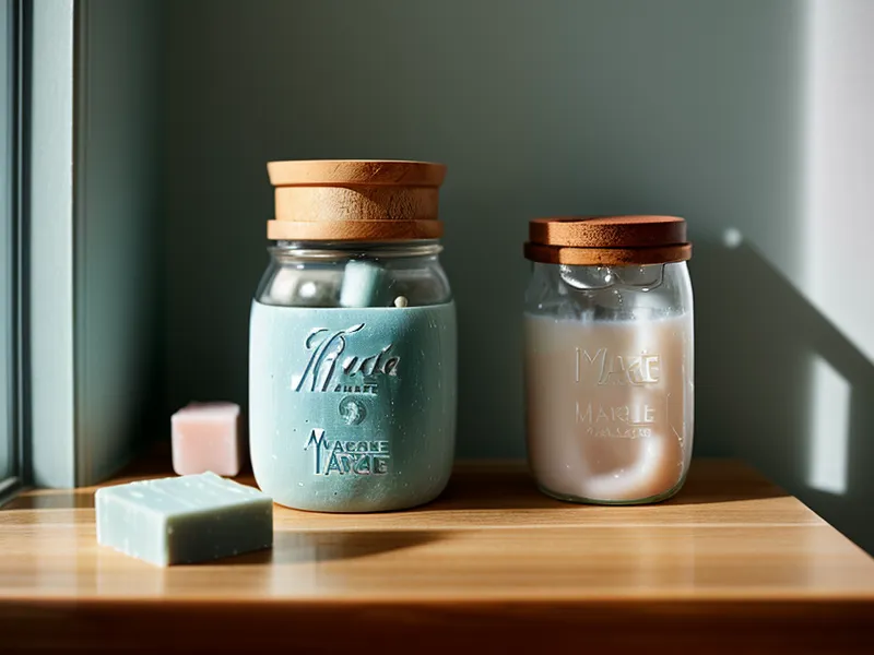 Étagère de buanderie avec un savon de Marseille authentique et un bocal de bicarbonate de soude.