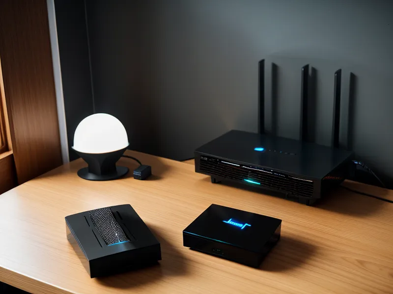 Gros plan d'une box internet et d'un téléphone fixe sur une étagère
