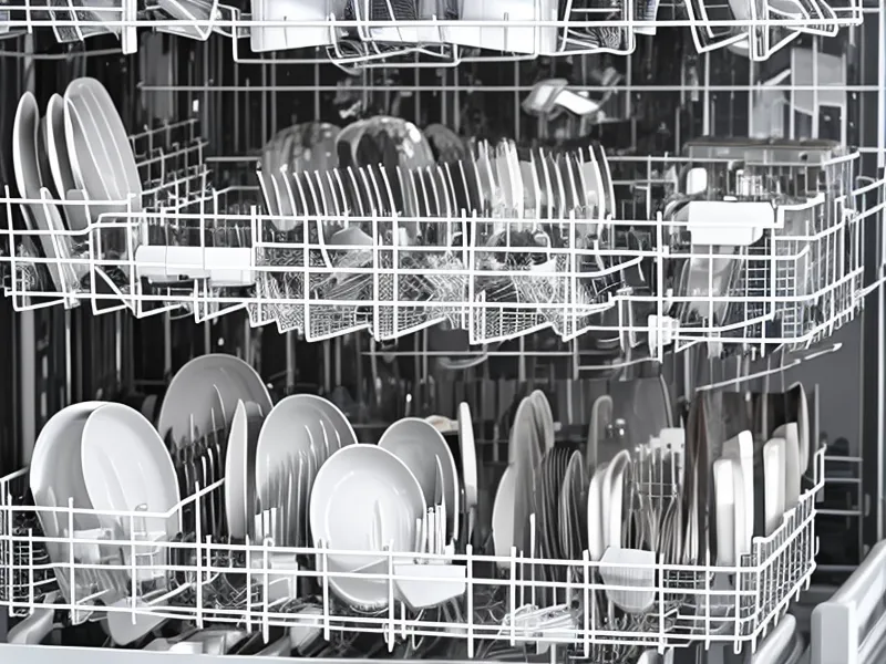 Un panier de lave-vaisselle parfaitement rempli avec de la vaisselle propre et bien rangée.