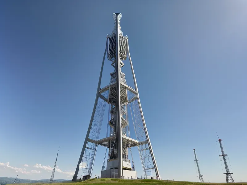 Une antenne de télécommunication dans un paysage rural français verdoyant.