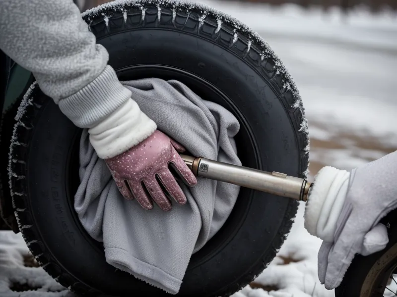 Mains vérifiant la pression d'un pneu de voiture par un matin froid.